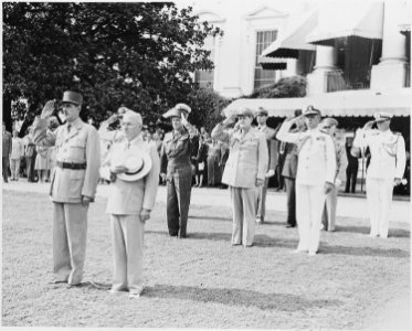 Photograph of President Truman and French President Charles de Gaulle during welcoming ceremonies on the White House... - NARA - 199186