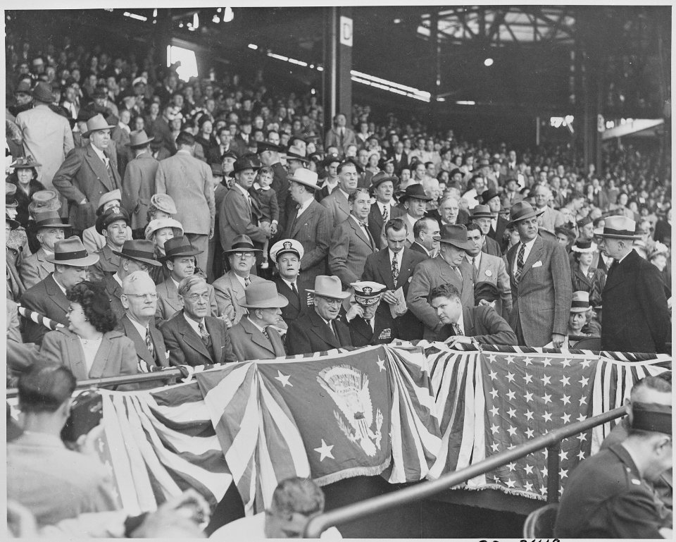 Photograph of President Truman and other officials at Griffith Stadium in Washington for the opening game of the... - NARA - 199574