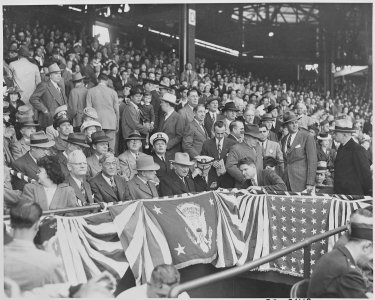 Photograph of President Truman and other officials at Griffith Stadium in Washington for the opening game of the... - NARA - 199574