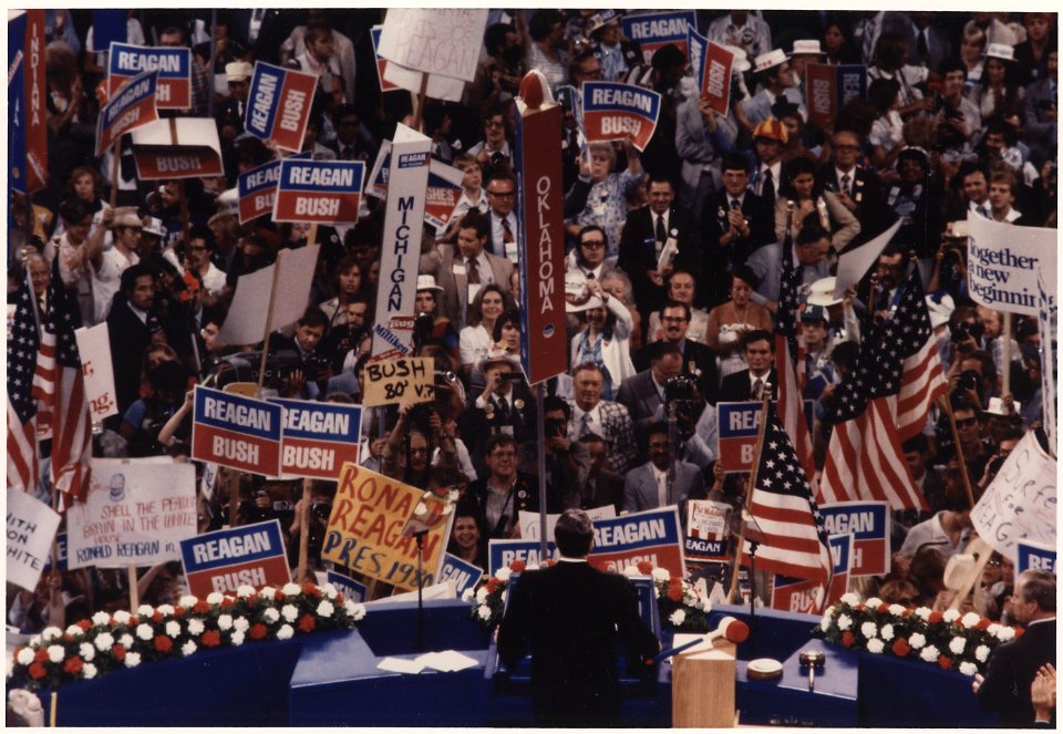 Photograph of Ronald Reagan giving his Acceptance Speech at the Republican National Convention, Detroit, MI - NARA - 198599
