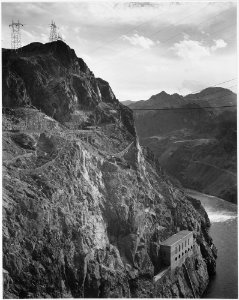 Photograph from Side of Cliff with Boulder Dam Transmission Lines Above and Colorado River to the Left, 1941 - NARA - 519848
