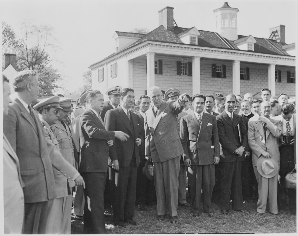 Photograph of Secretary of State George C. Marshall pointing out landmarks at Mount Vernon to Mexican President... - NARA - 199551