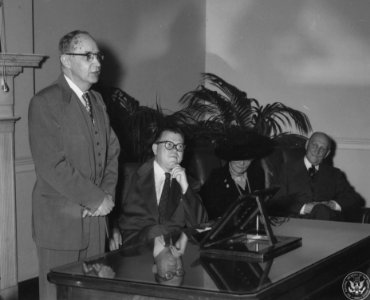 Photograph of Solon Buck Delivering Address at Unveiling Ceremonies for R. D. W. Connor Portrait, with Wayne Grover and Mr. and Mrs. Nash (35529274046)