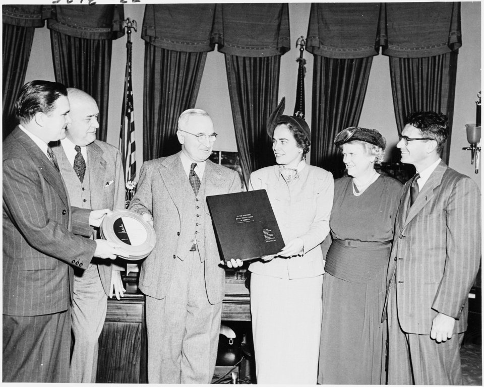 Photograph of President Truman in the Oval Office, receiving a report to the nation on the work of the United Nations... - NARA - 200140