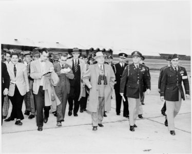 Photograph of President Truman inspecting aircraft, Northrop B-49, during an air show at Andrews Air Force Base... - NARA - 200091