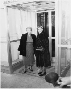 Photograph of First Lady Bess Truman with Mamie Eisenhower, wife of the President-elect, during Mrs. Eisenhower's... - NARA - 200403 photo
