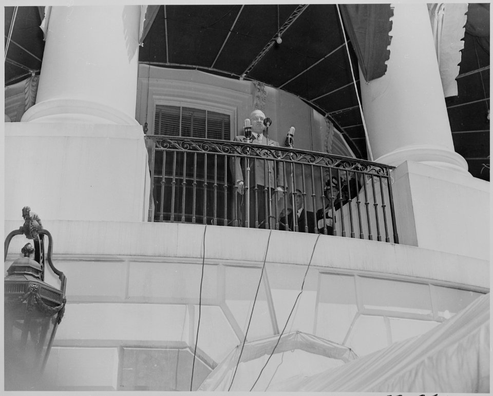 Photograph of President Truman speaking from the South Portico of the White House on the occasion of Fred Vinson's... - NARA - 199375