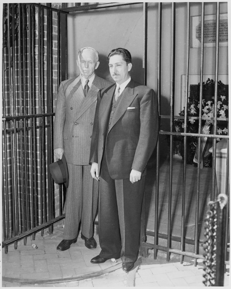 Photograph of President Miguel Aleman of Mexico and Secretary of State George C. Marshall at George Washington's... - NARA - 199552