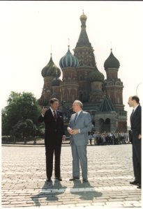 Photograph of President Reagan and General Secretary Gorbachev in Red Square, during the Moscow Summit - NARA - 198592 photo
