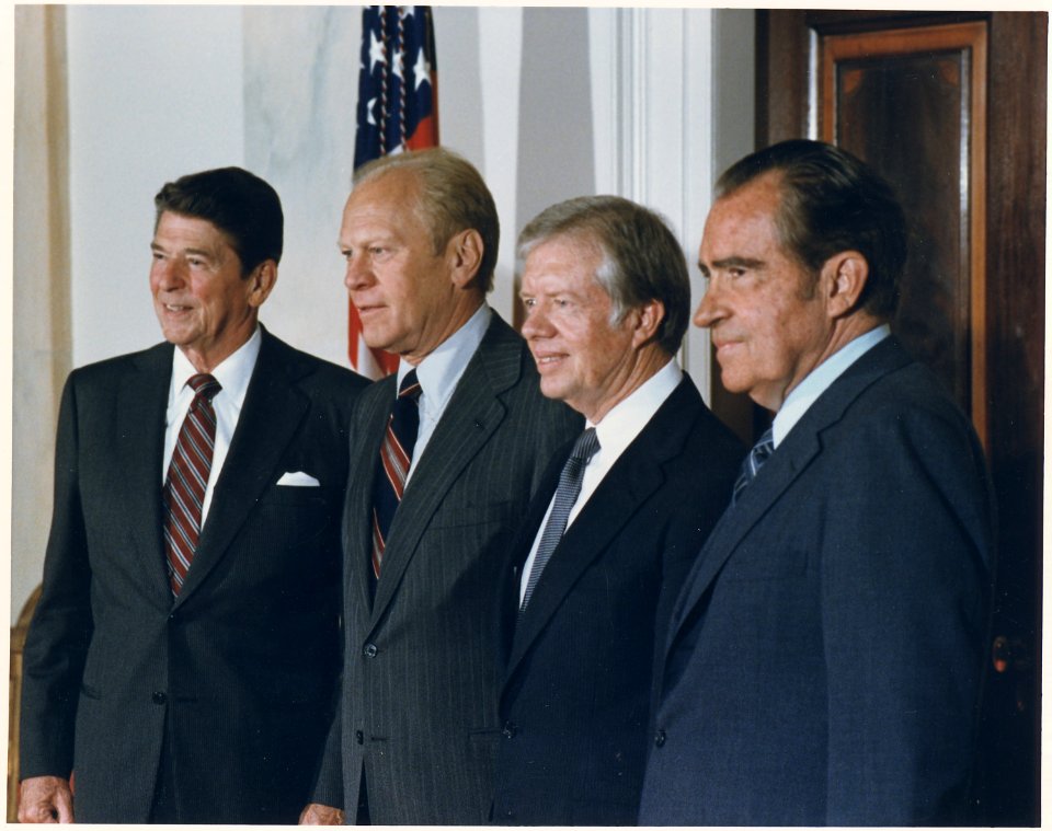 Photograph of the Four Presidents posing for a portrait prior to leaving for Egypt and Sadat's Funeral - NARA - 198524