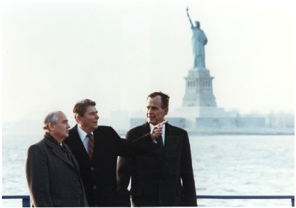 Photograph of President Reagan and Vice-President Bush meeting with General Secretary Gorbachev on Governor's Island... - NARA - 198595