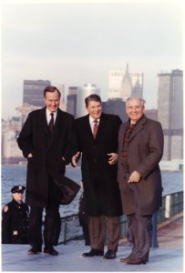 Photograph of President Reagan and Vice-President Bush meeting with General Secretary Gorbachev on Governor's Island... - NARA - 198596 photo