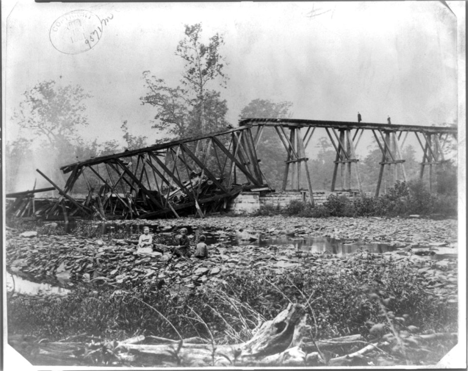 Photographic view of the wreck of the bridge and train of cars crossing Big Walnut near Sunbury, Ohio LCCN2012649467