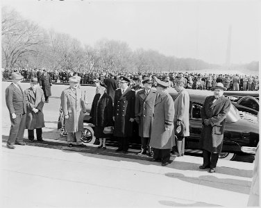 Photograph of the President and Mrs. Truman, with other dignitaries, along the street facing the Lincoln Memorial... - NARA - 200271