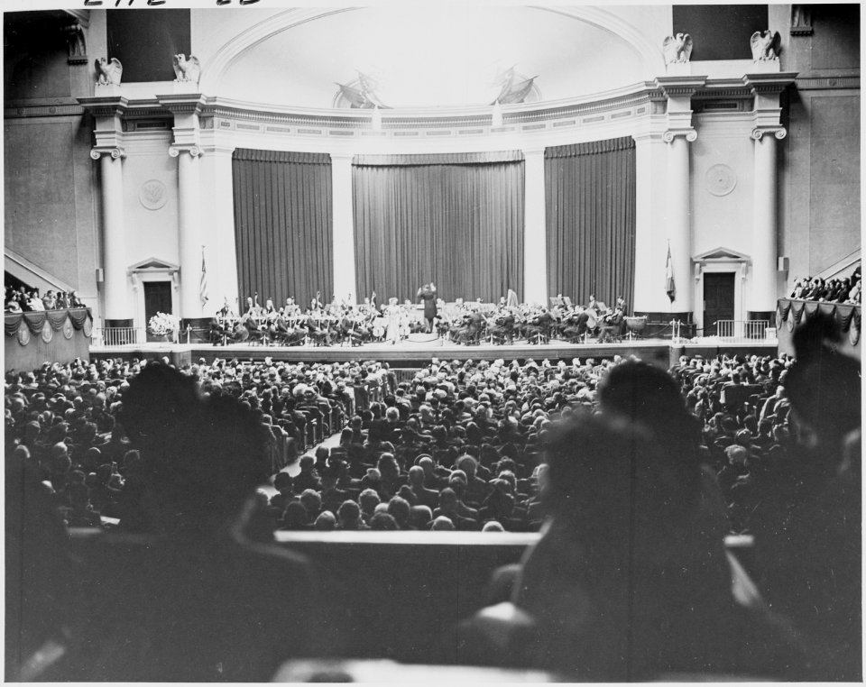 Photograph of Constitution Hall during Margaret Truman's concert, with Margaret and the National Symphony Orchestra... - NARA - 200136