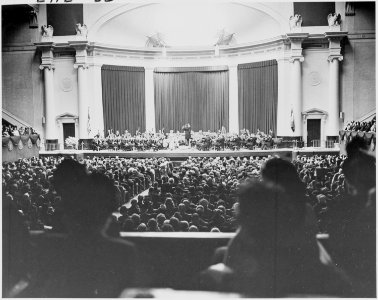 Photograph of Constitution Hall during Margaret Truman's concert, with Margaret and the National Symphony Orchestra... - NARA - 200136