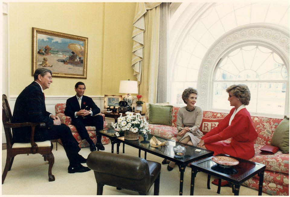 Photograph of The Reagans having tea with Prince Charles and Princess Diana in the White House Residence - NARA - 198568