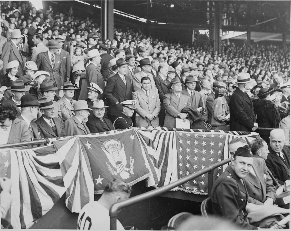 Photograph of President Truman and other officials at Washington's Griffith Stadium for the opening game of the... - NARA - 199582