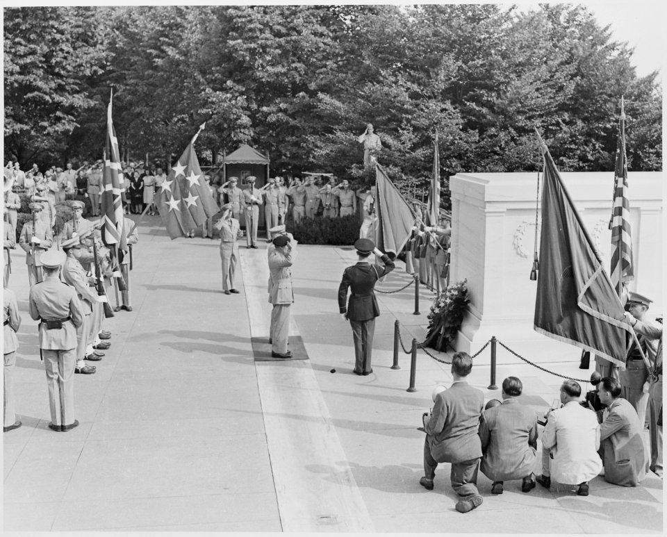 Photograph of Field Marshal Bernard Montgomery at Arlington National Cemetery, saluting the Tomb of the Unknown Soldier. - NARA - 199421