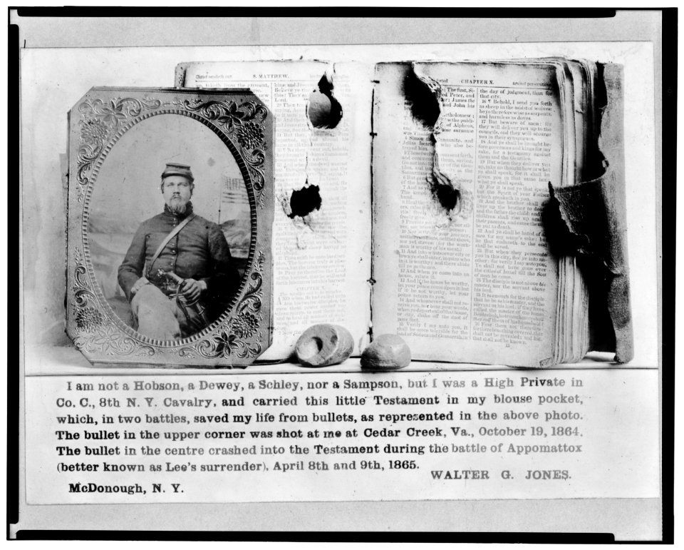 Photograph of Walter G. Jones, Pvt., 8th New York Cavalry, Co. C., U.S.A., half-length, facing front and his New Testament with bullet holes, and the two bullets which lodged in the book LCCN2005695741