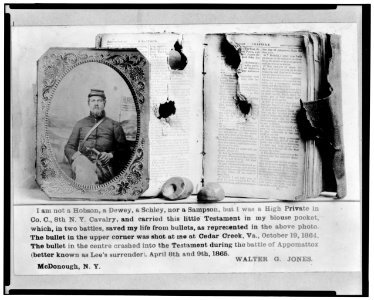 Photograph of Walter G. Jones, Pvt., 8th New York Cavalry, Co. C., U.S.A., half-length, facing front and his New Testament with bullet holes, and the two bullets which lodged in the book LCCN2005695741