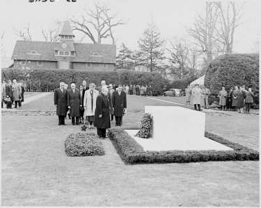Photograph of French President Vincent Auriol standing before the grave of the late President Franklin D. Roosevelt... - NARA - 200282