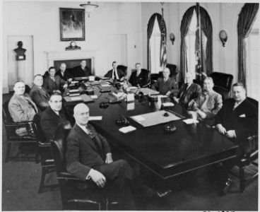 Photograph of President Truman with his Cabinet and other top advisors, in the Cabinet Room at the White House... - NARA - 200084