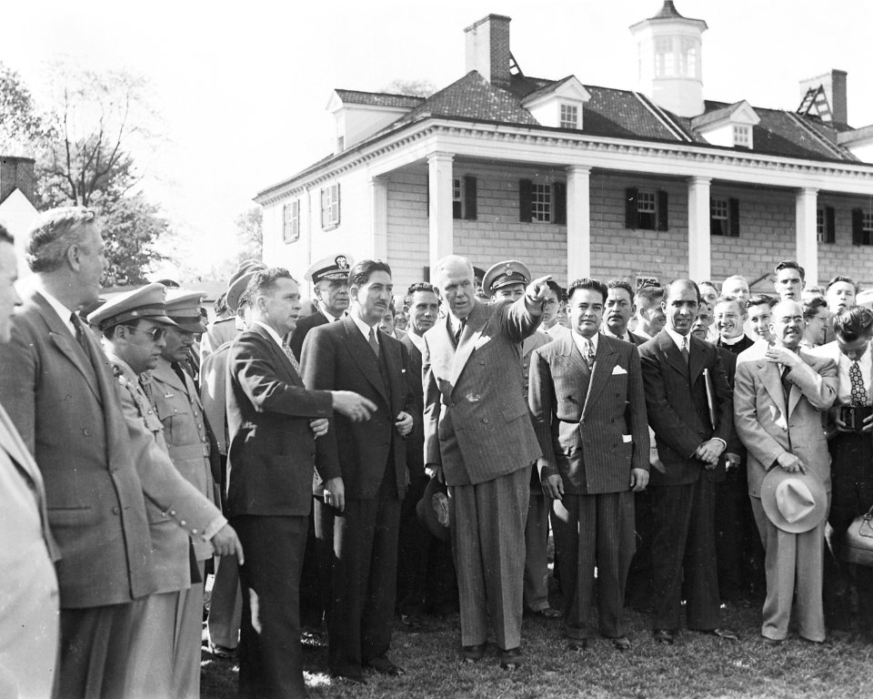 Photograph of Secretary of State George C. Marshall pointing out landmarks at Mount Vernon to Mexican President... - NARA - 199551