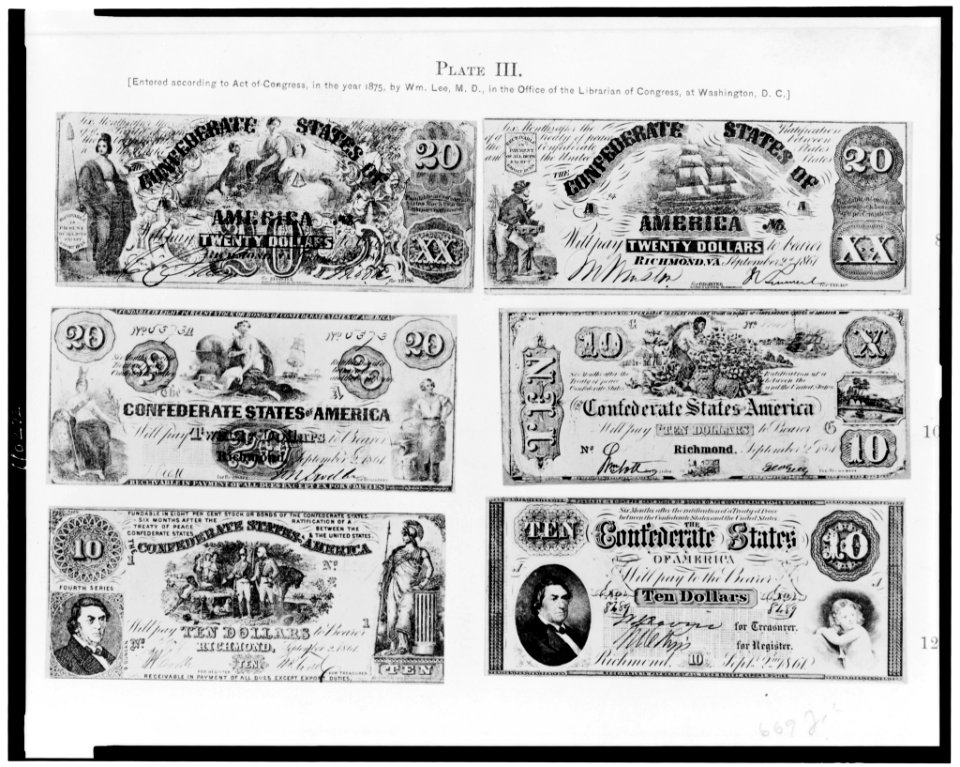 Photographs of six pieces of Confederate paper currency LCCN94502643
