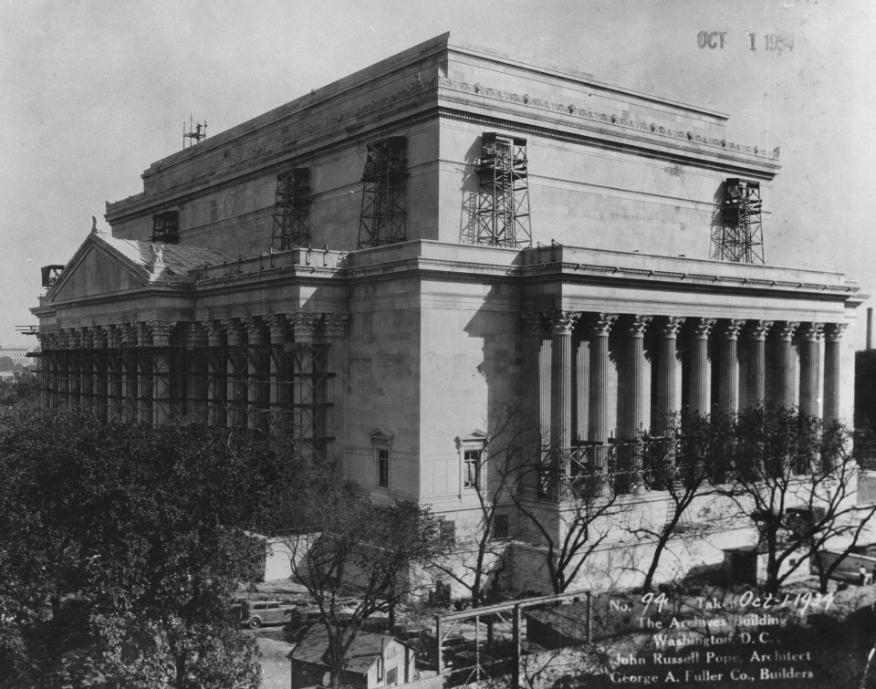 Photograph of the Almost Complete Construction of the Exterior and the Adding of Details and Sculptures to the National Archives Building, Washington, D.C. (36605705752)