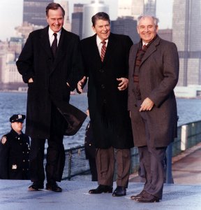 Photograph of President Reagan and Vice-President Bush meeting with General Secretary Gorbachev on Governor's Island... - NARA - 198596 (1) photo