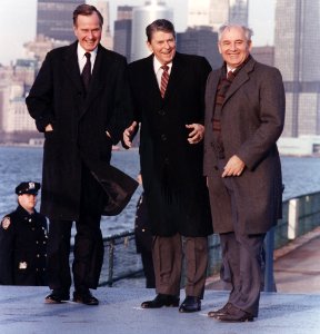 Photograph of President Reagan and Vice-President Bush meeting with General Secretary Gorbachev on Governor's Island... - NARA - 198596 (1)