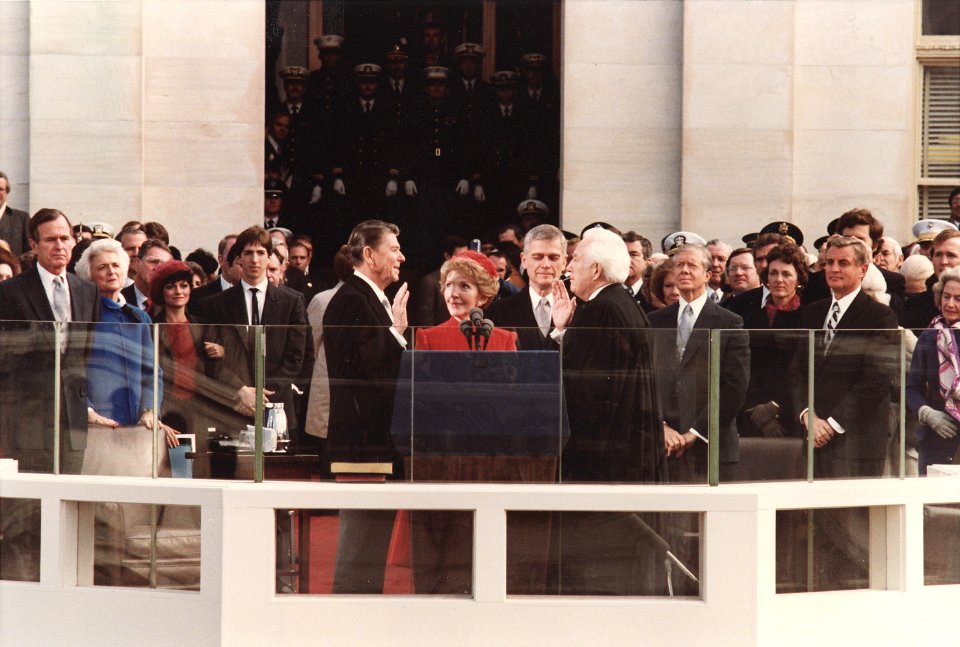 Photograph of President Reagan being sworn in on Inaugural Day, U.S. Capitol - NARA - 198506