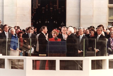 Photograph of President Reagan being sworn in on Inaugural Day, U.S. Capitol - NARA - 198506