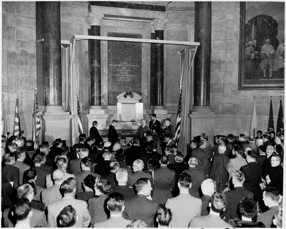 Photograph of President Truman and other dignitaries at the dedication of the new shrine at the National Archives for... - NARA - 200407