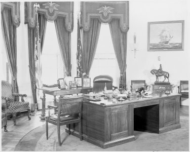 Photograph of President Truman's desk in the Oval Office of the White House. - NARA - 199453