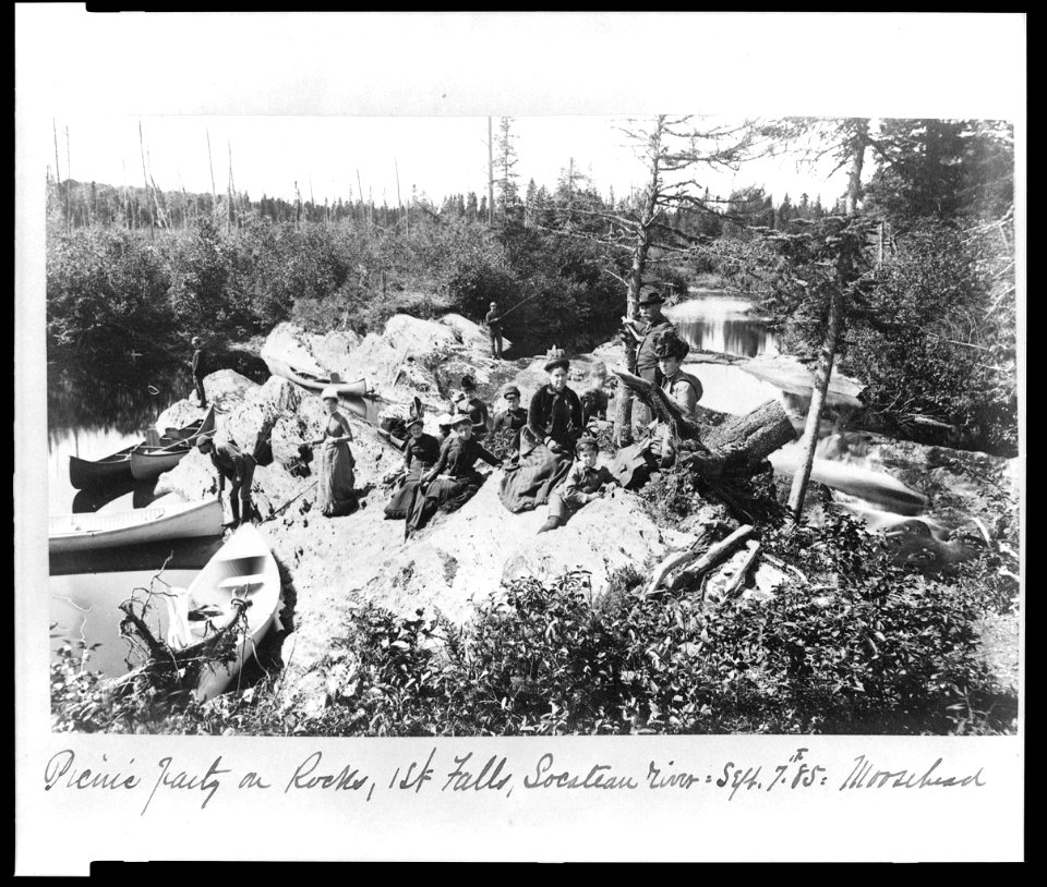 Picnic party on rocks, 1st falls, Socateau River- Sept. 7th 85 - Moosehead LCCN95514484