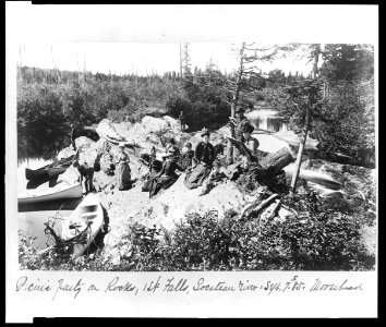 Picnic party on rocks, 1st falls, Socateau River- Sept. 7th 85 - Moosehead LCCN95514484