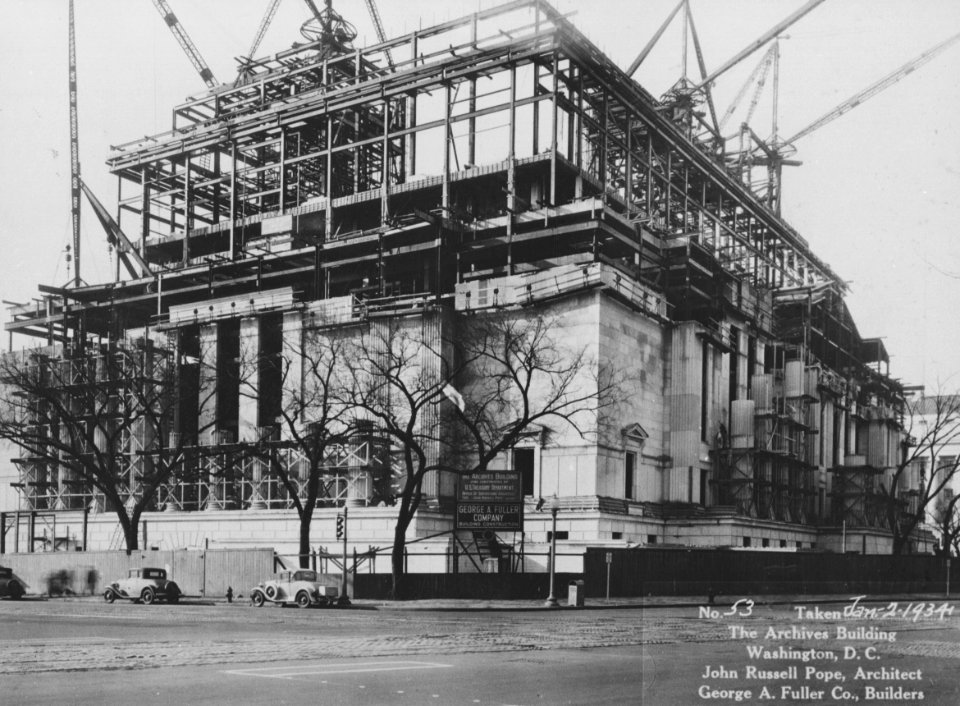 Photograph of the Construction of Exterior Walls and Columns for the National Archives Building, Washington, D.C. (36638184051)