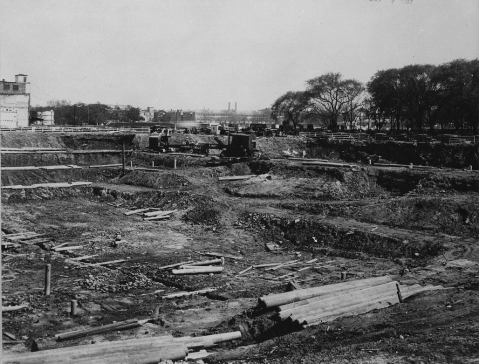 Photograph of the Excavation of the Foundation for the National Archives Building View of Constitution Avenue and 7th Street, Looking Southeast, Washington, D.C. (36640141641)
