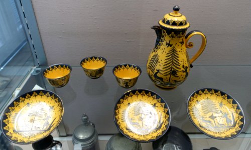 Pieces from a coffee service, Margravial Faience Manufactory, Bayreuth, c. 1730, glazed earthenware with silver decoration (now black) - Germanisches Nationalmuseum - Nuremberg, Germany - DSC02629 photo