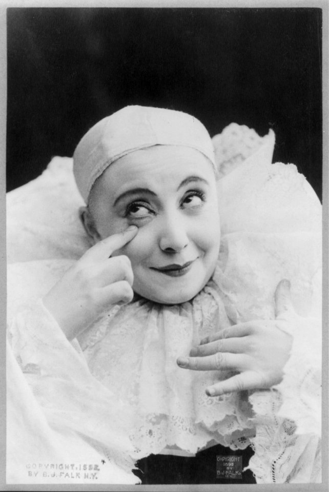 Pilar Morin as clown-mime- head and shoulders, facing slightly right; hand raised to right eye LCCN2003662120