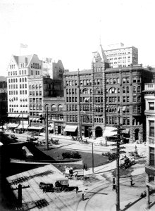 Pioneer Square, bird's-eye view looking east toward the Pioneer Building, Seattle, ca 1900 (WARNER 620)