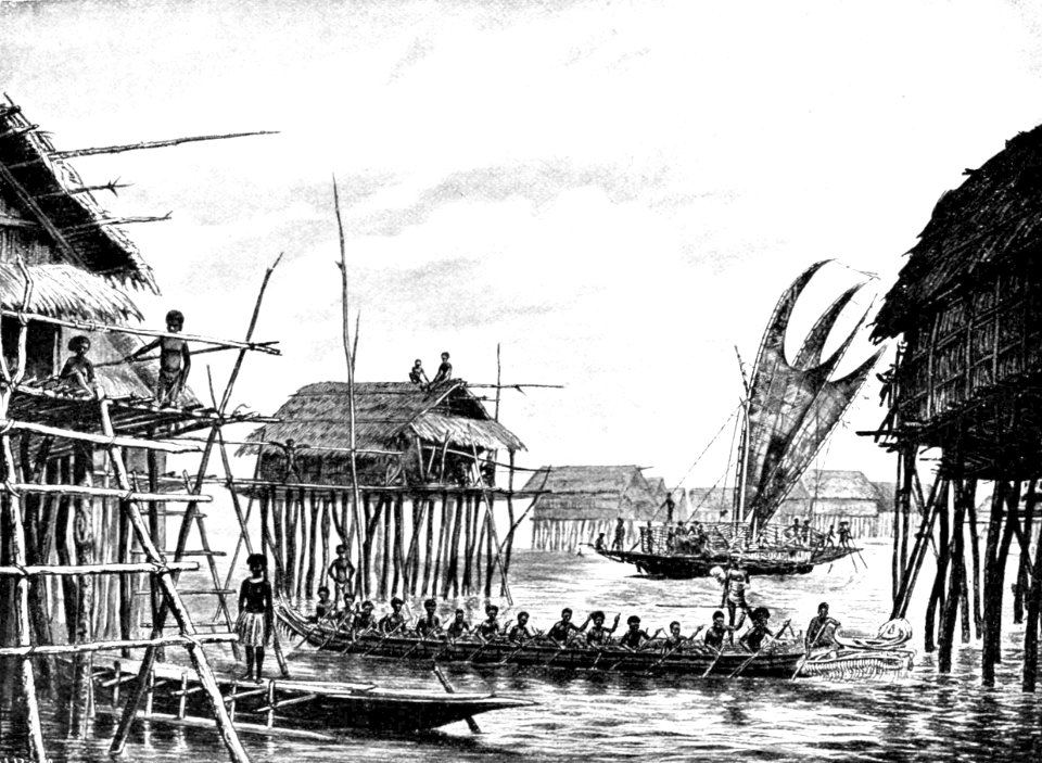 PSM V52 D045 Papuan lake dwellings with a lakatoi under sail