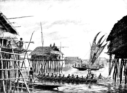 PSM V52 D045 Papuan lake dwellings with a lakatoi under sail
