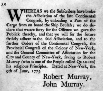 Public apology by Robt. & John Murray, NY, 1775 LCCN2002705582