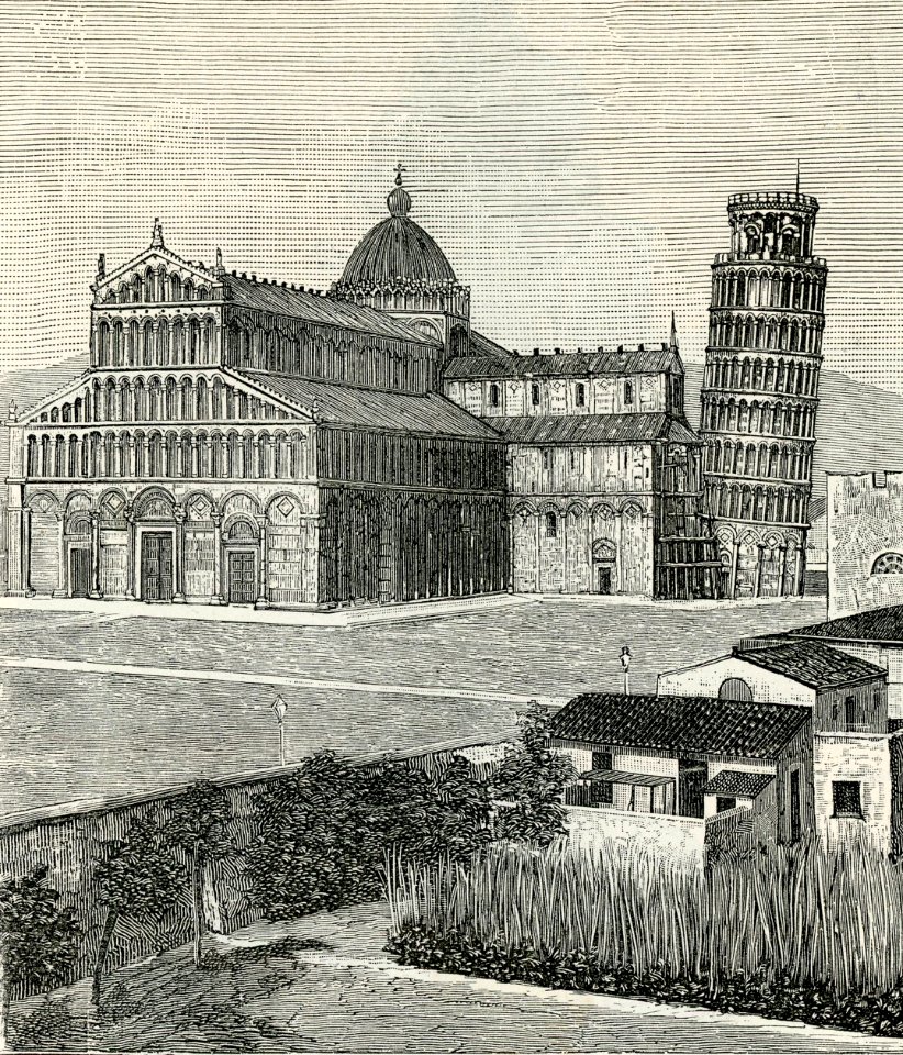 Pisa Duomo e Torre pendente xilografia