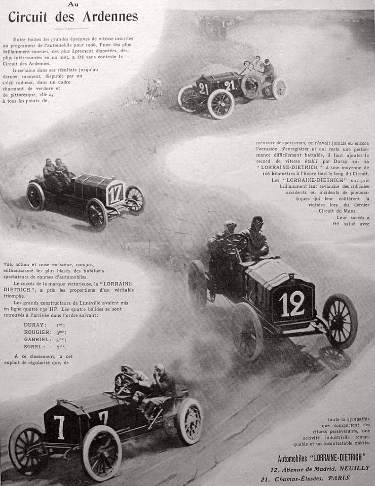 Publicité Lorraine-Dietrich après le Circuit des Ardennes d'août 1906