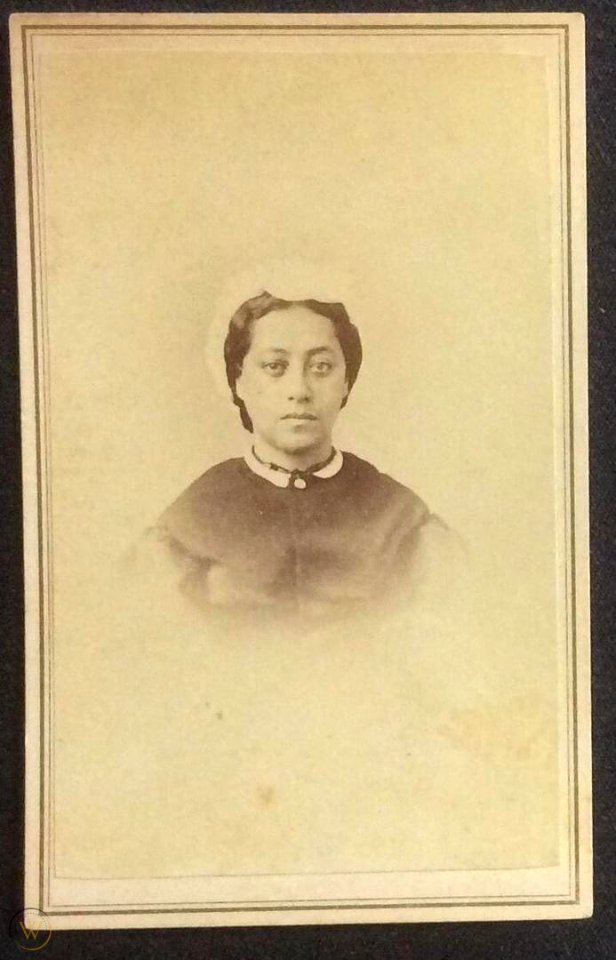 Queen Emma of Hawaii with white hair covering in profile, photograph by Henry L. Chase