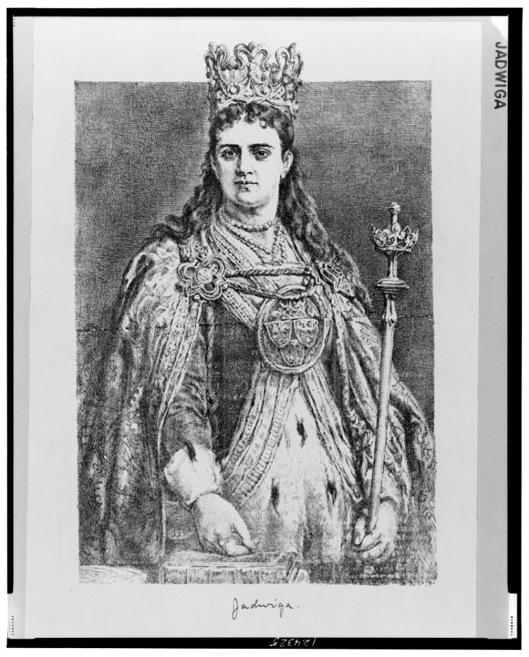 Queen Jadwiga, half-length portrait, standing, facing front, wearing cape and crown, holding scepter LCCN99471876